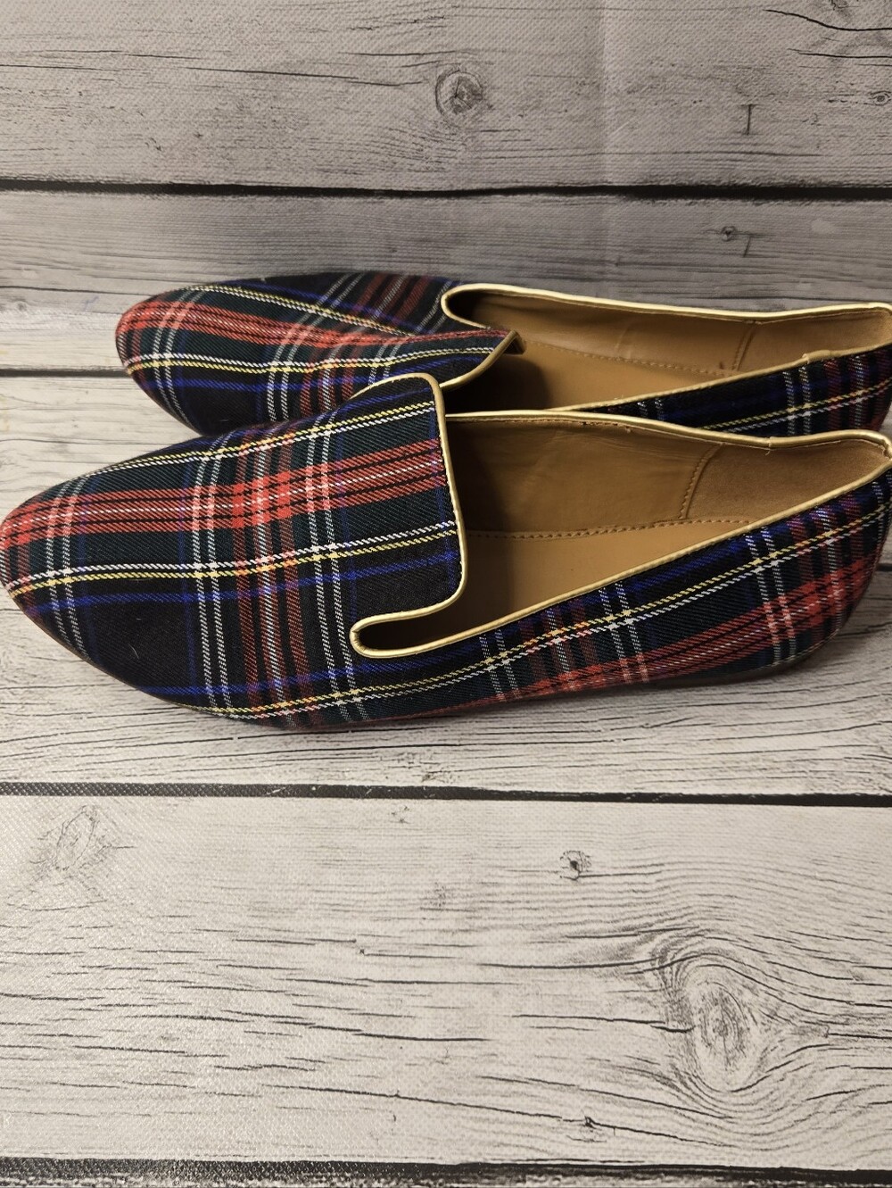 J.Crew Tartan Plaid Smoking Loafers Flats Gold Trim Size 9 - Picture 4 of 6
